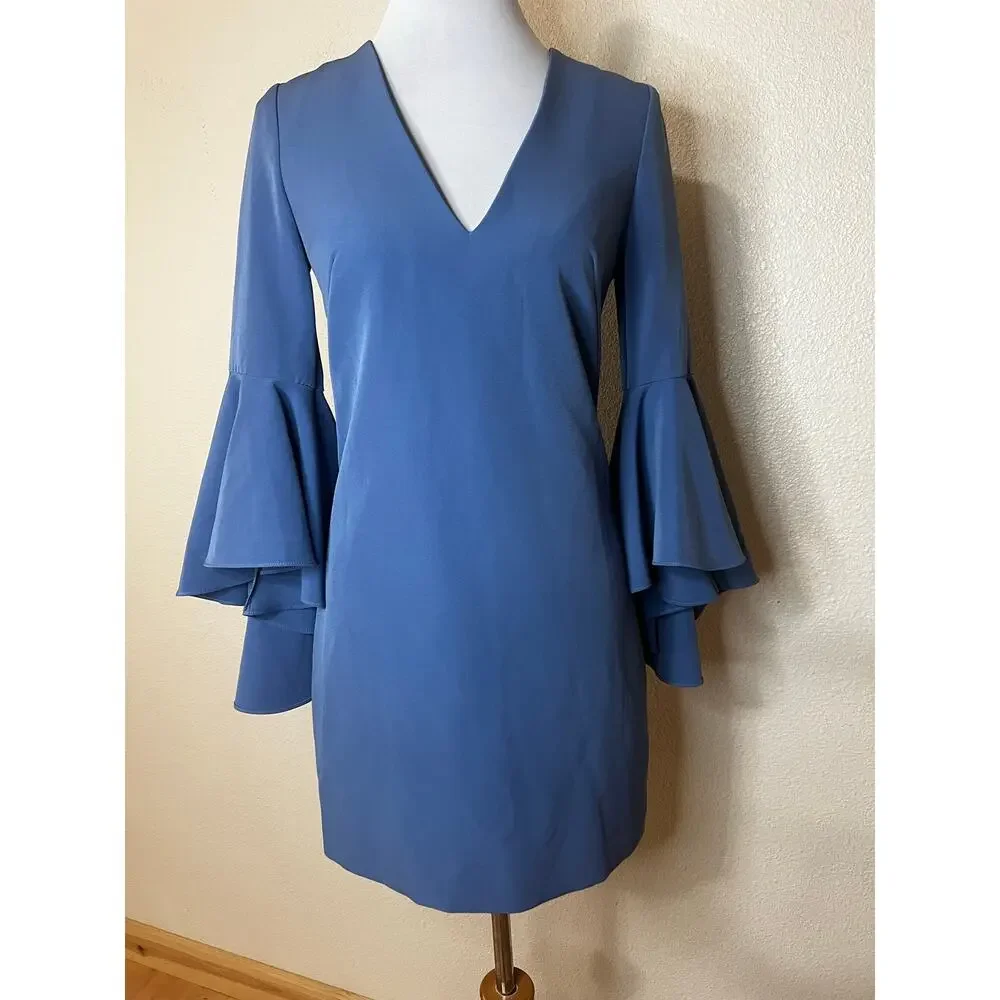 MILLY Nicole Bell Sleeve Shift Mini Dress in steel blue WOMENS 2
